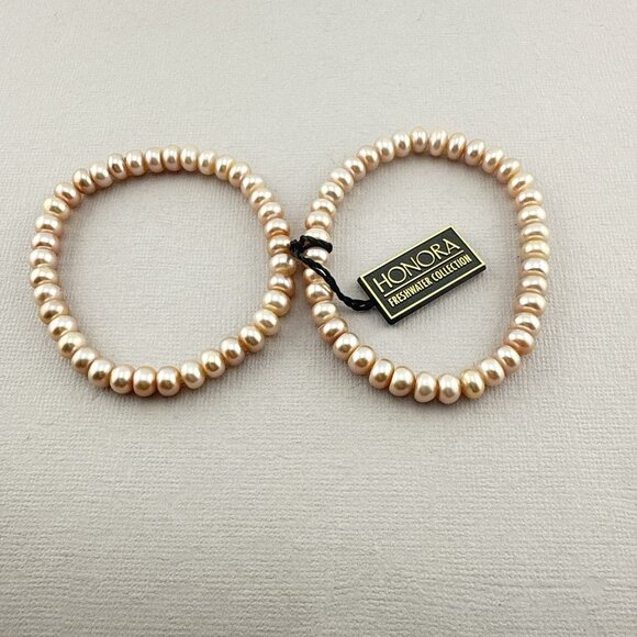 Honora Pearl Bracelet Stretch Set of 2 Pearls Blush Pink Pastel Stack Stackable - Picture 6 of 8